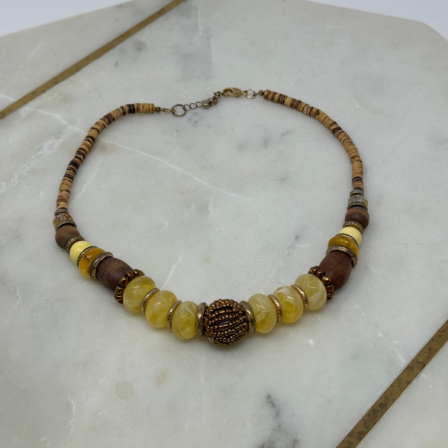 Necklace Boho Beaded Statement Brown Beige 16” Costume Jewelry