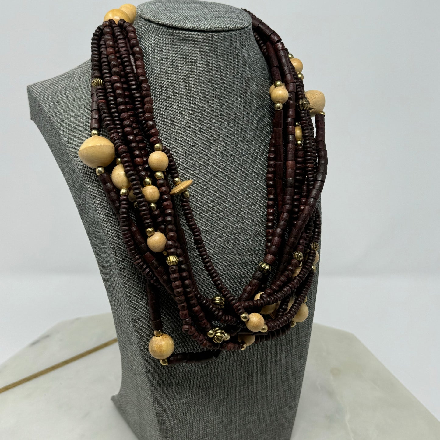 Unique Handmade Multi-Strand Necklace Brown & Beige Beaded - Boho Wood Statement Jewelry