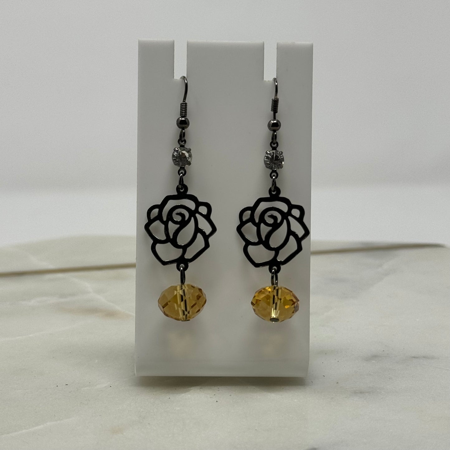 Metal Rose Sparkle Dangle Earrings