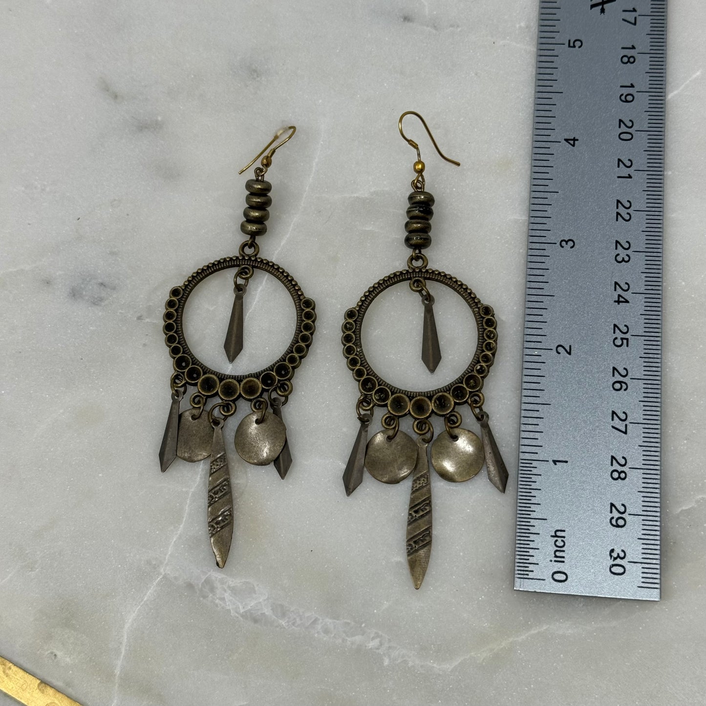 Earrings Boho Southwest Dangles Brass Tone Chandelier Hook 4" Drop Pierced Ear