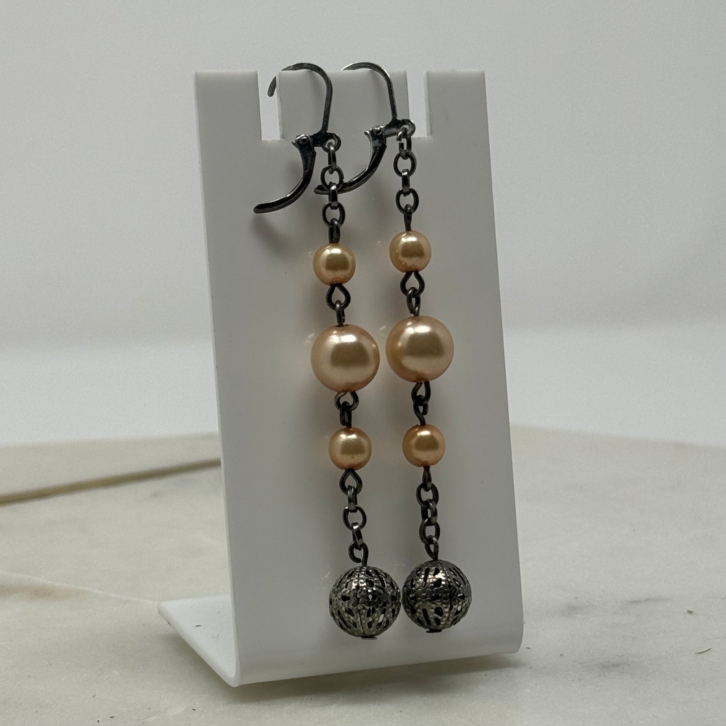 Peach Pearl Dangle Statement Leverback Earrings