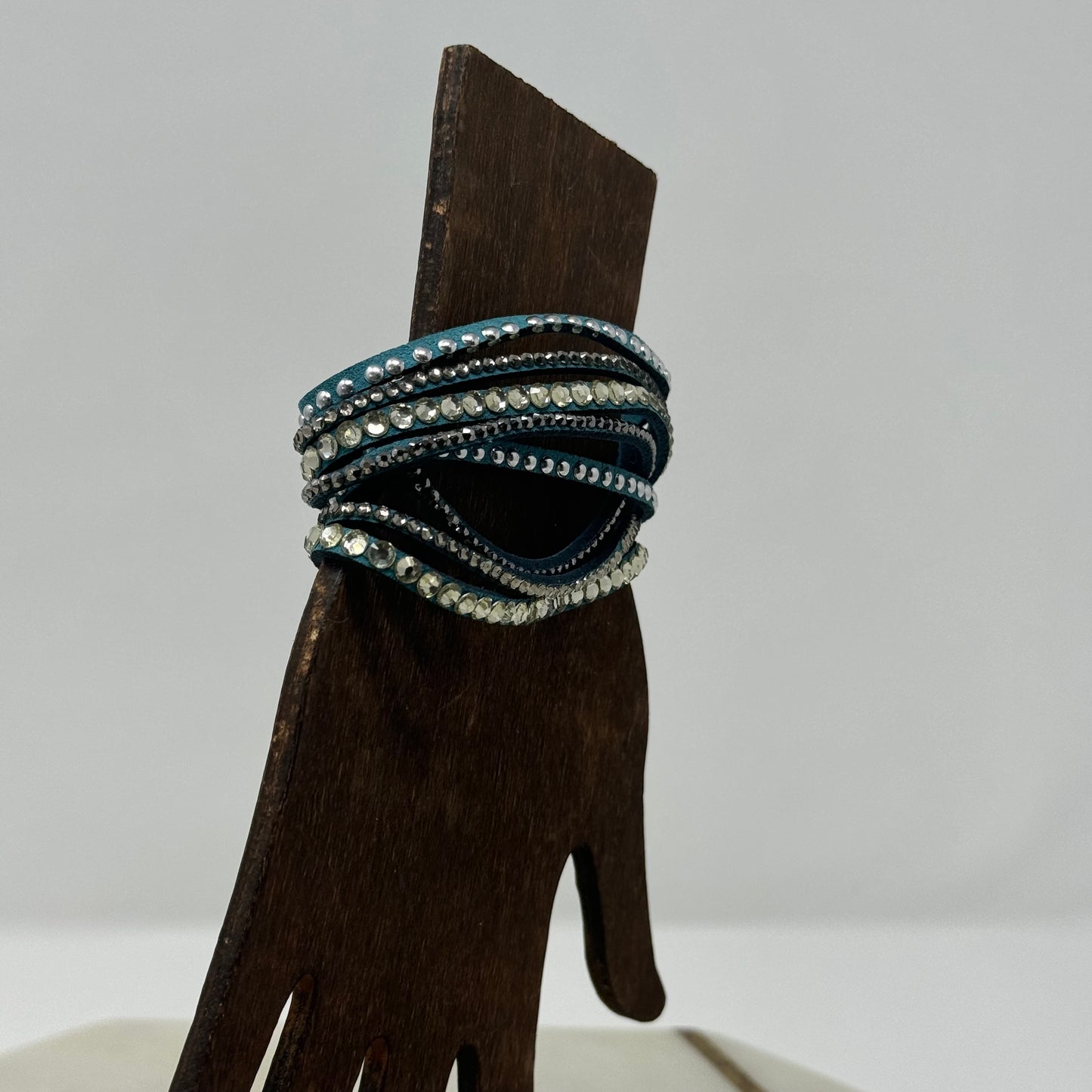 Bracelet Boho Southwest Layer Blue Faux Leather Rhinestone Cuff 9.25 in