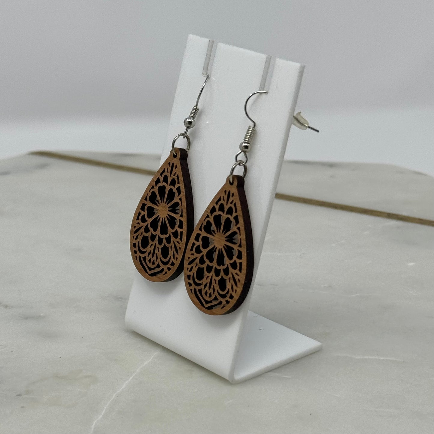 Earrings Boho Woodgrain Intricate Flower Teardrop Hook Dangles 2.5 Inch Drop Brown