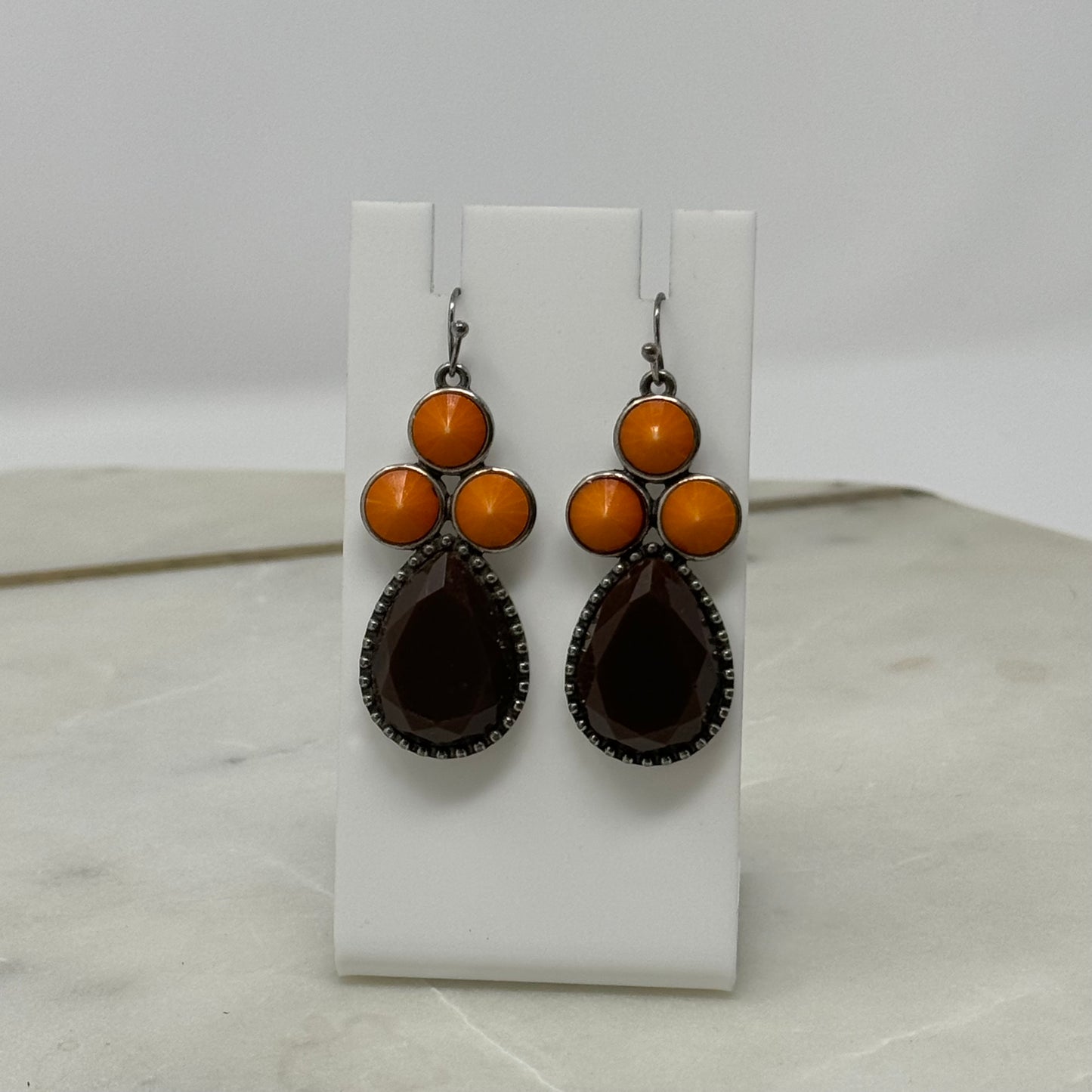 Earrings Boho Southwest Brown Orange Teardrop Hook Dangles Silver Tone 2 Inch