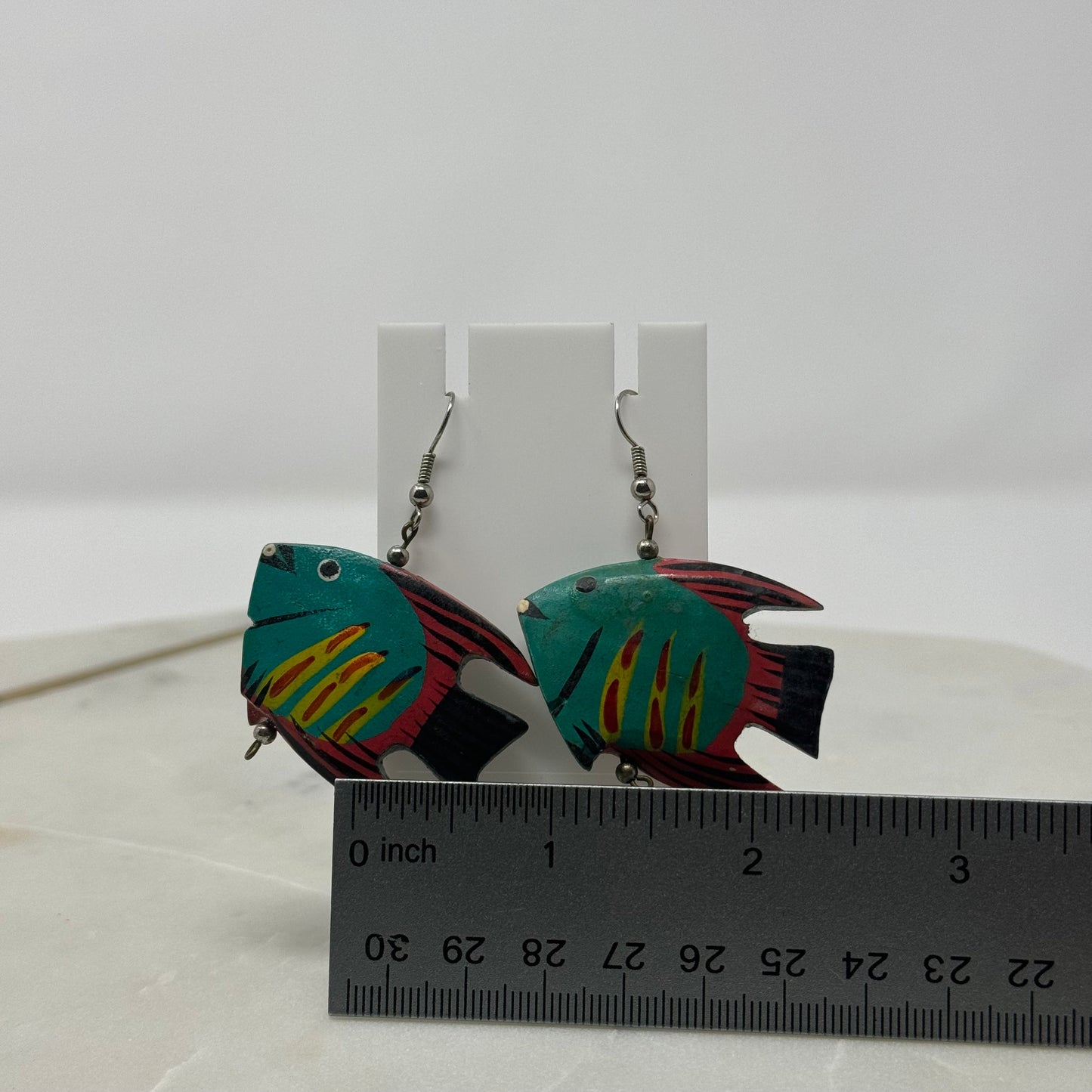 Vintage Vibrant Wood Fish Dangle Hook Earrings