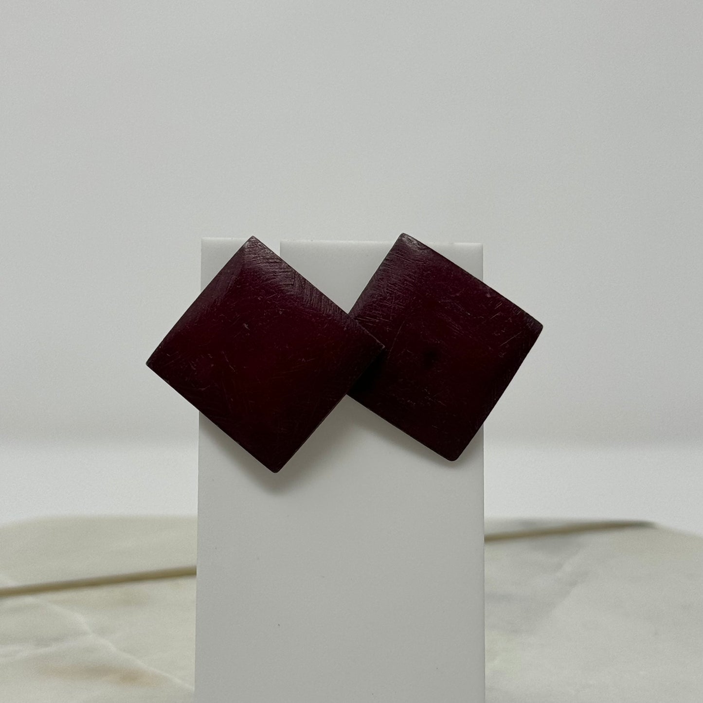 Vintage Dark Maroon Square Wood Earrings