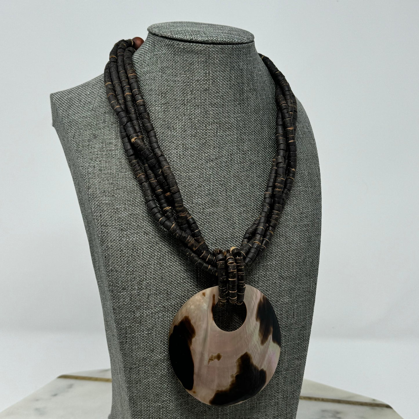 Boho Brown Beaded Necklace Large Shell Pendant Multi-Strand Brown Handmade Statement Jewelry