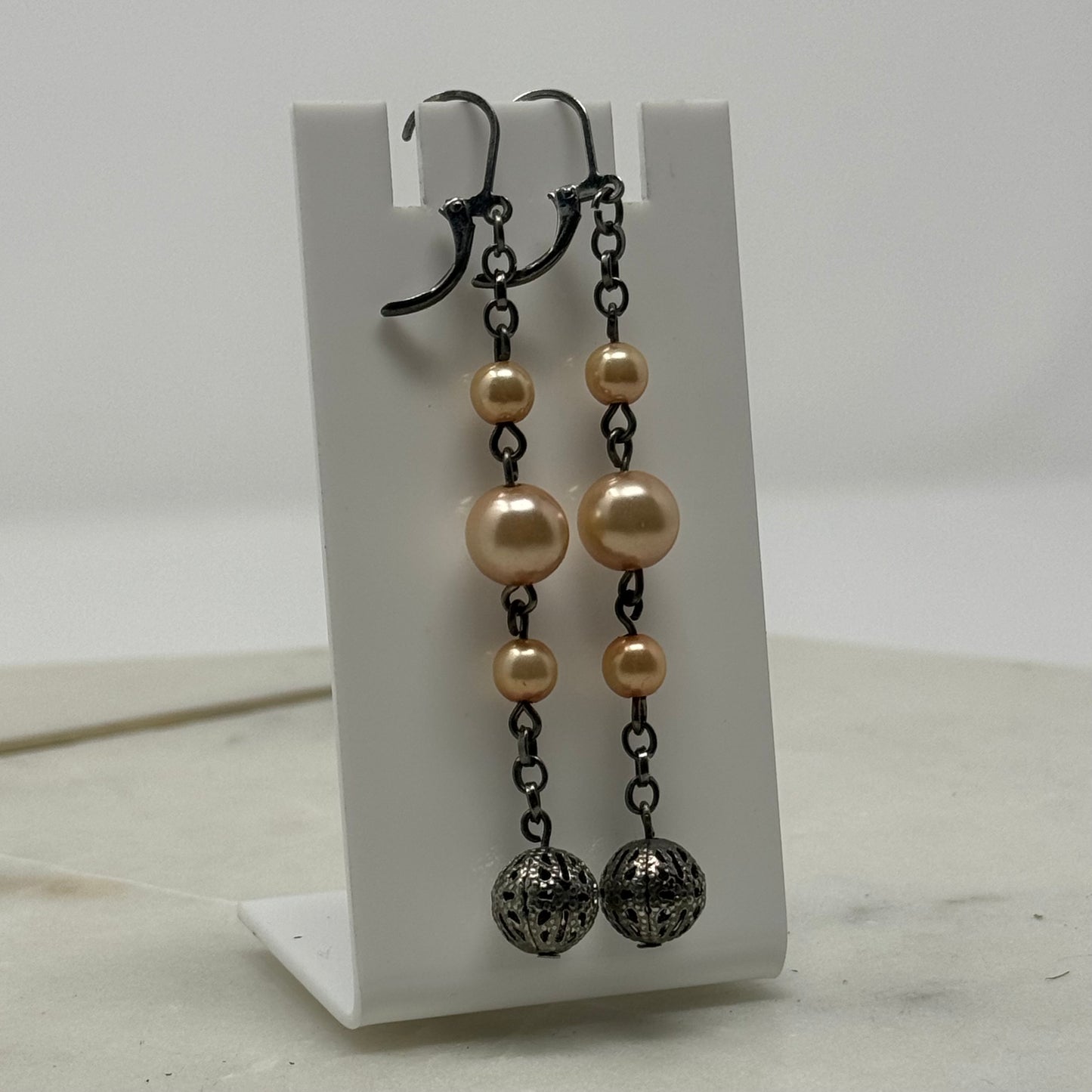 Peach Pearl Dangle Statement Leverback Earrings