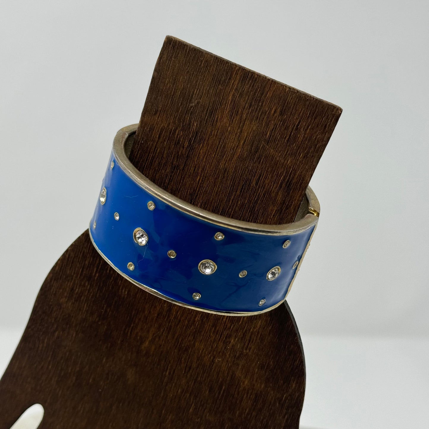 Bracelet Blue Wide Metal Cuff Rhinestone Hinge Bangle 7.5 in Costume Jewelry