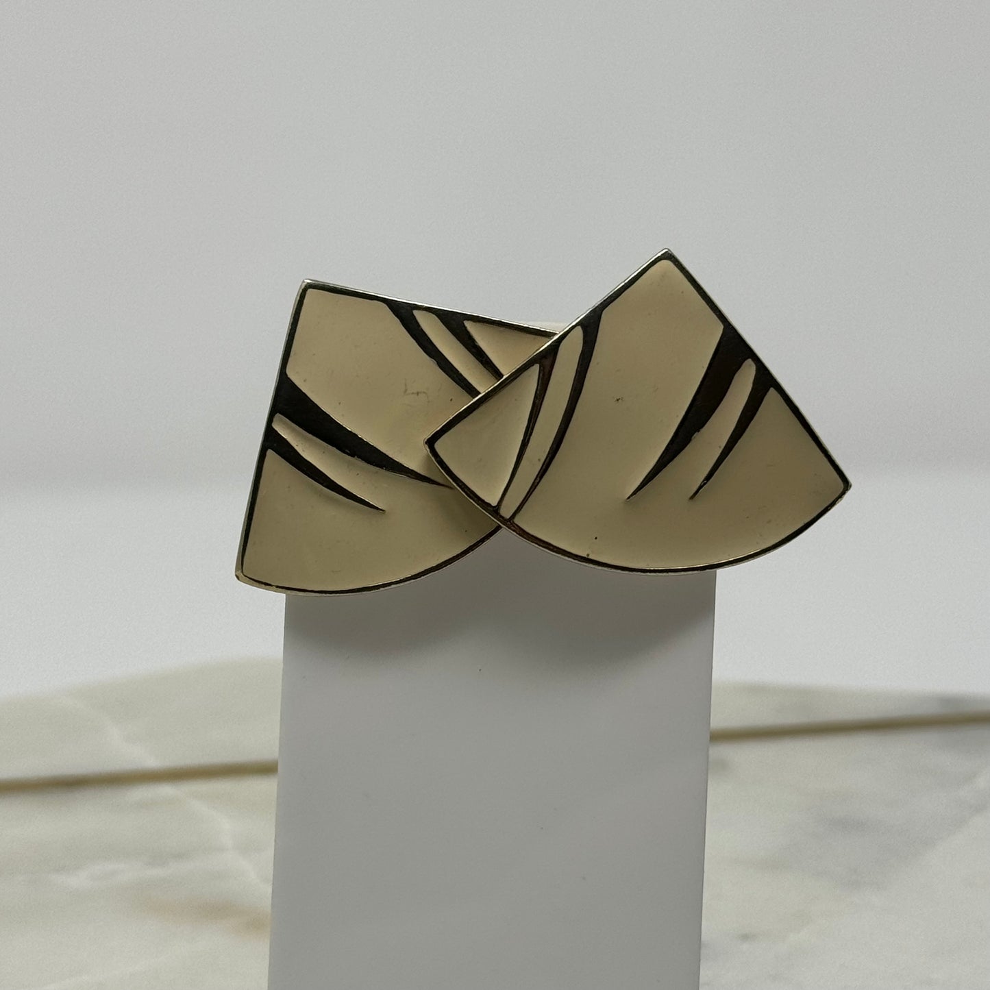 Vintage Triangle Cream Enamel Gold Accent Earrings