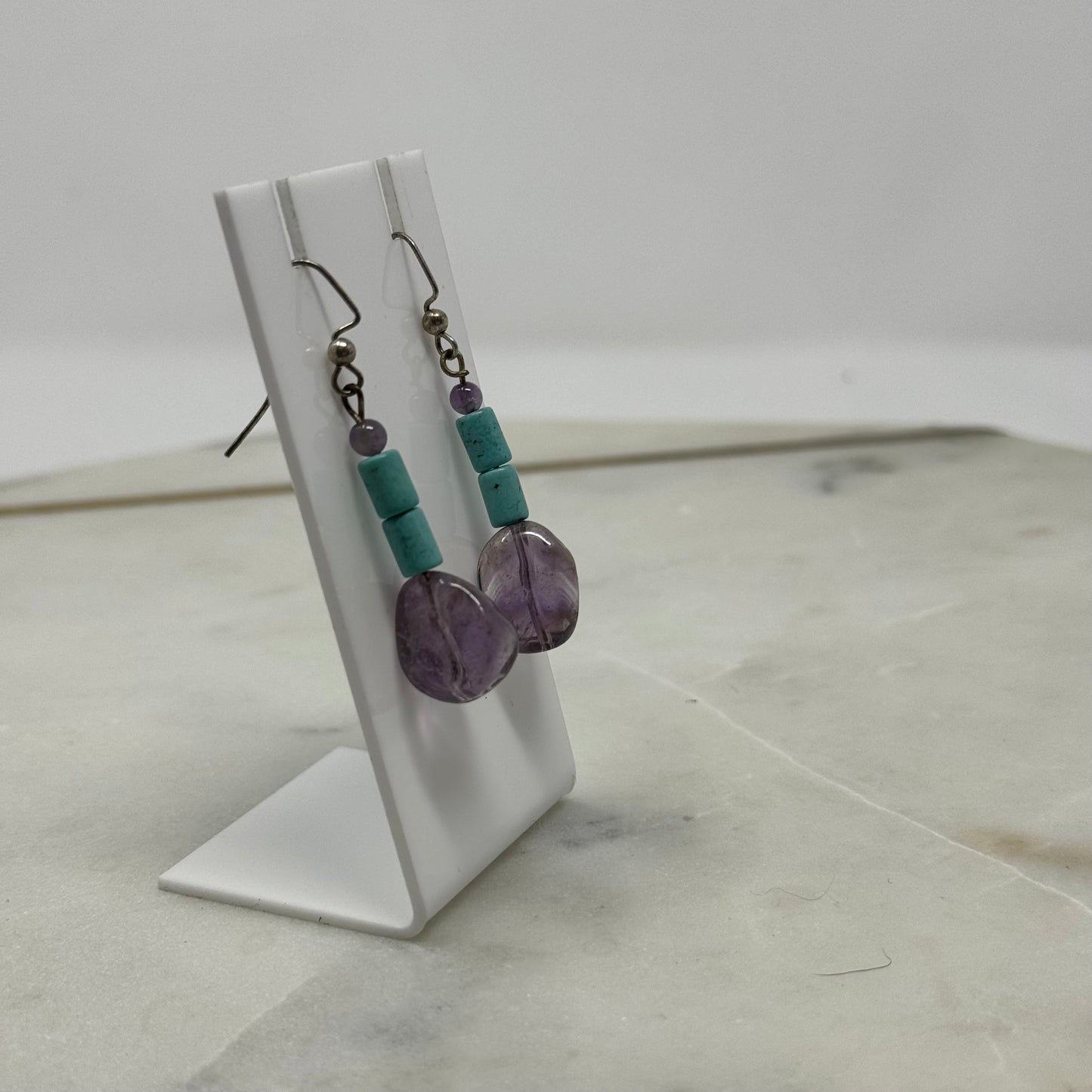 Earrings Boho Southwest Hook Dangles Turquoise & Purple Beaded Stone 2.5 in