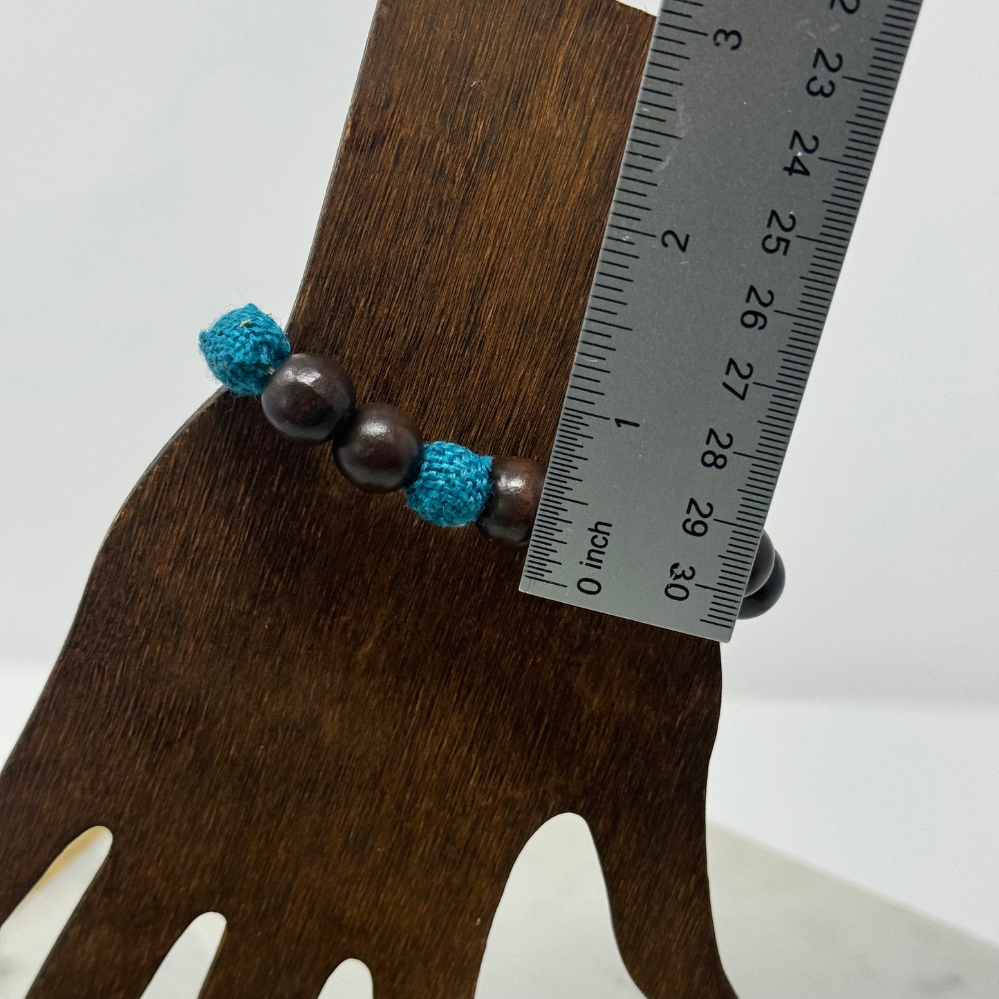 Bracelet Boho Beaded Strand Wood Canvas Stretch Bangle Brown Blue Beige 8 in