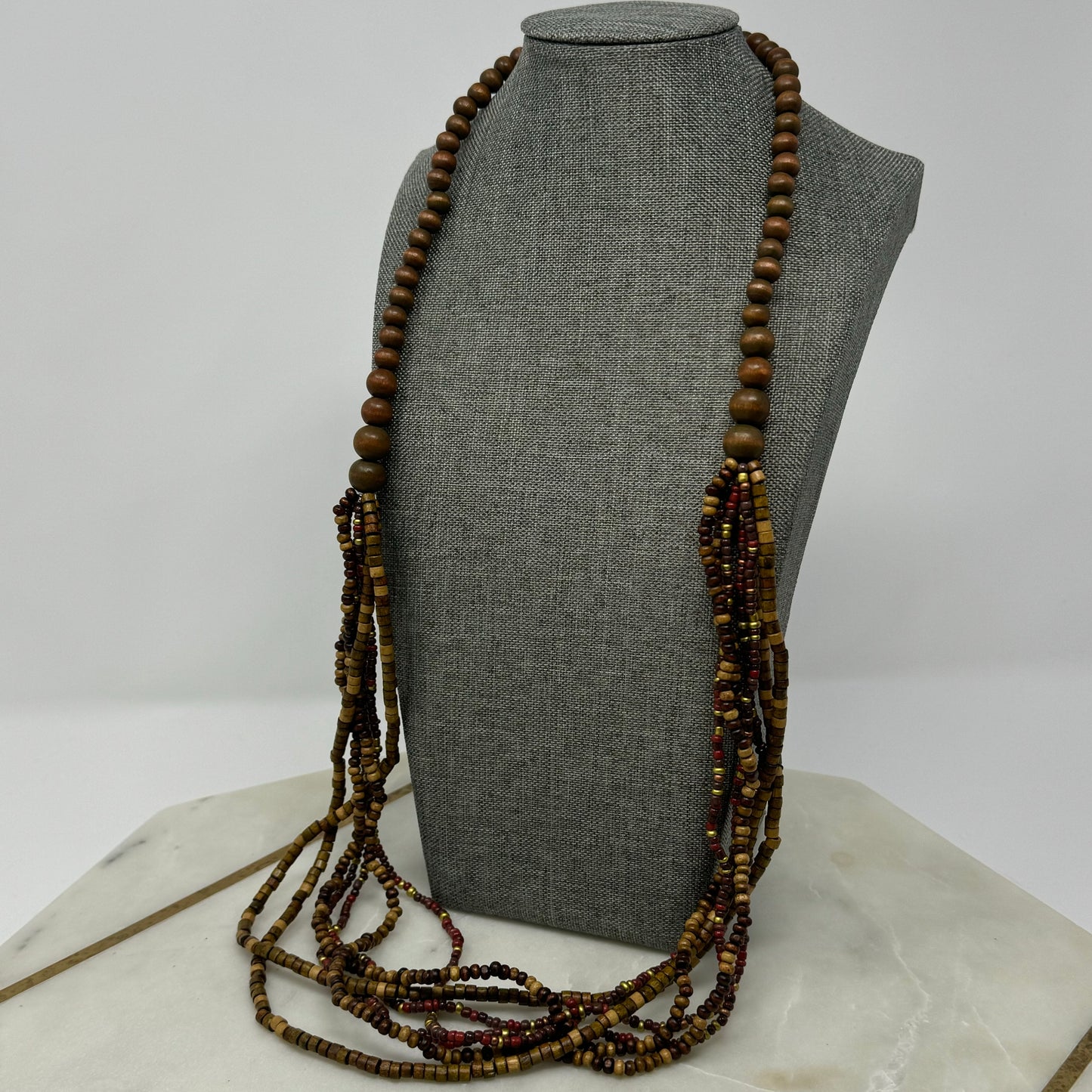 Wooden Bead Statement Necklace Earth Tones Artisan Handmade Multi-Strand Boho Jewelry