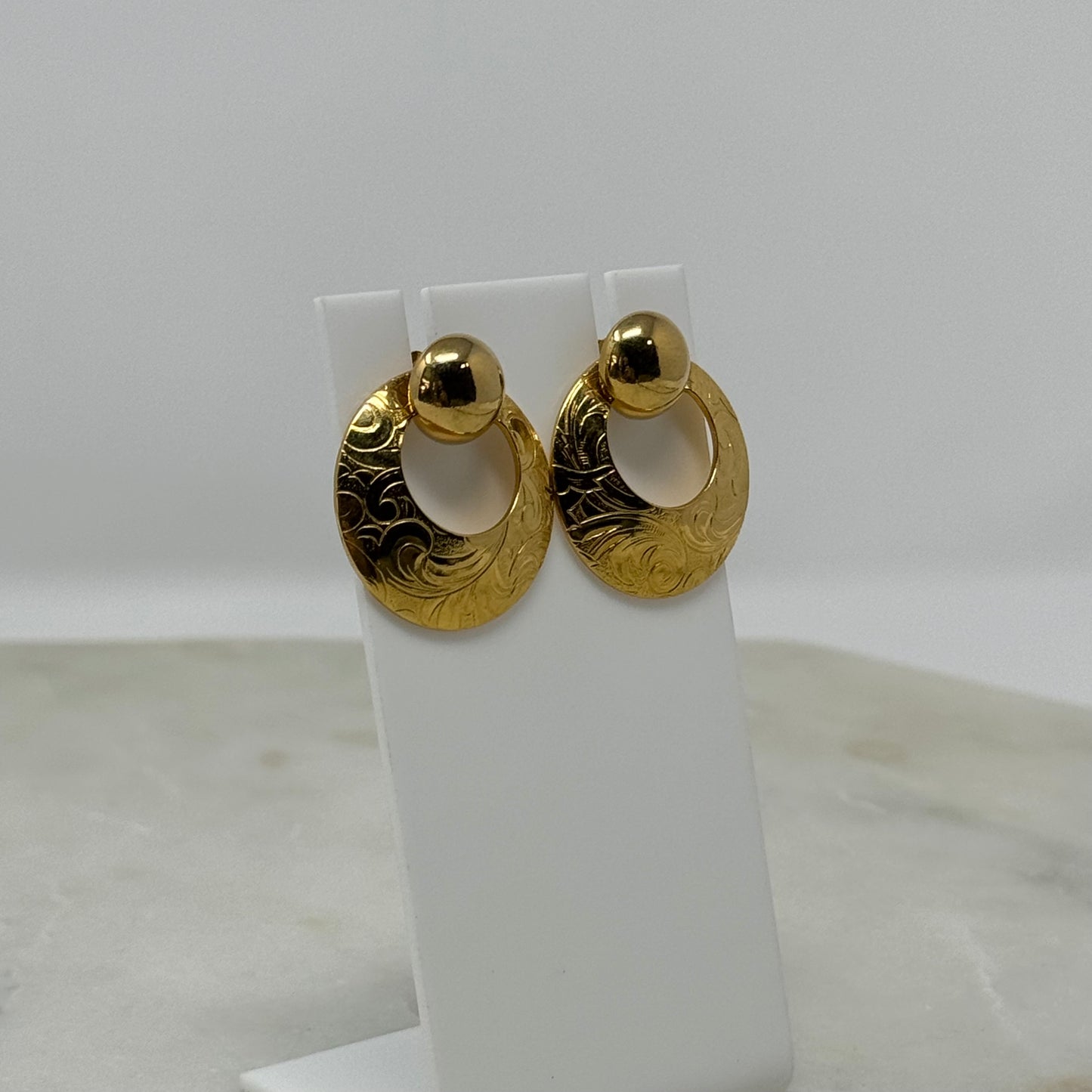 Avon Earrings Boho Southwest Button Stud Gold Tone Drop Disc Swirl Design 1 in