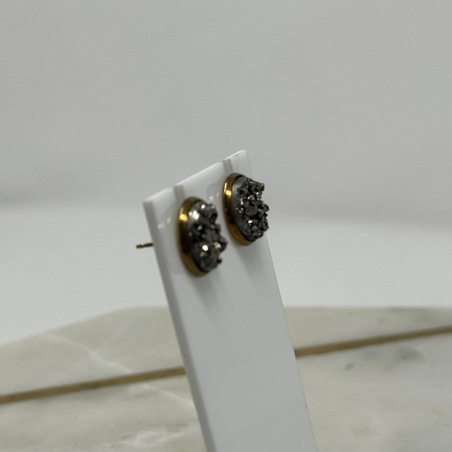 Sparkle Gun Metal Druzy Rock Crystal Stud Earrings