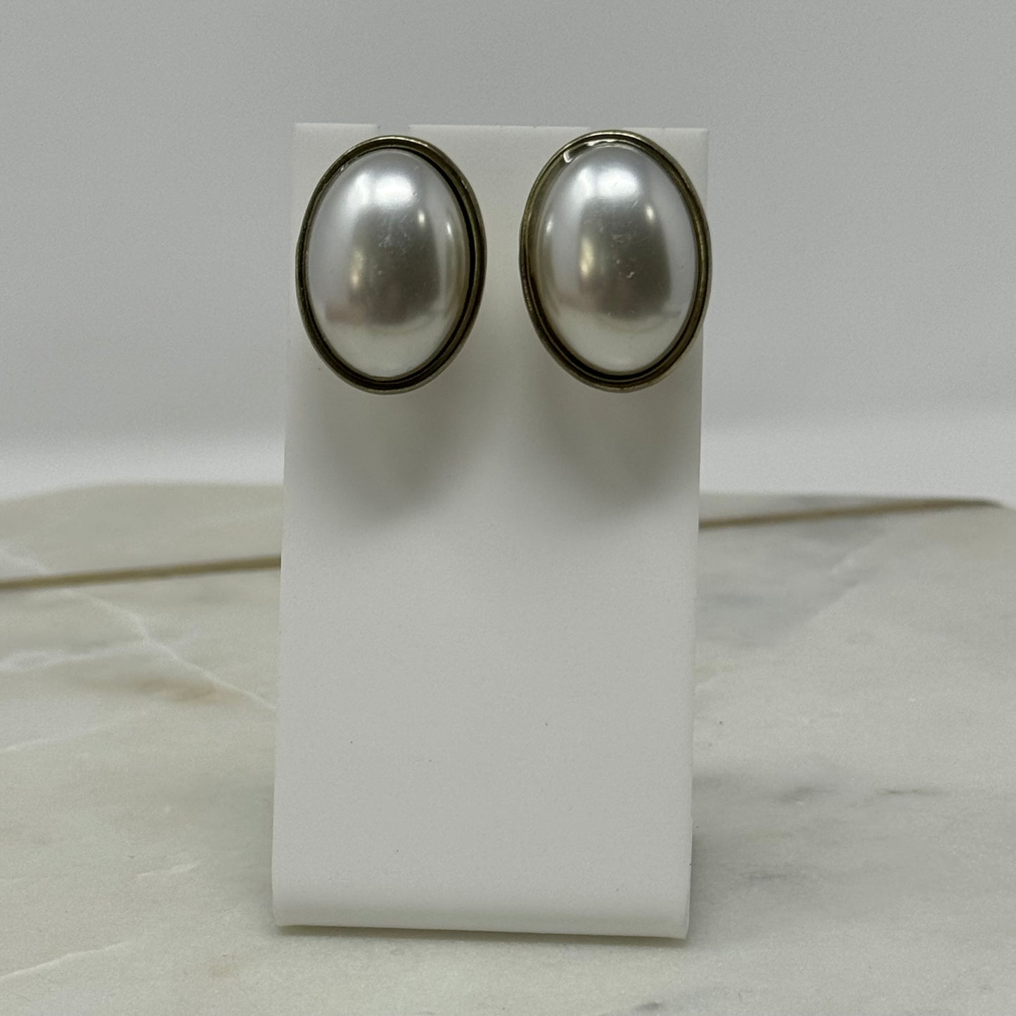 ABC Studios Earrings Classic Faux Pearl White Oval Button Stud .75 in Costume Jewelry