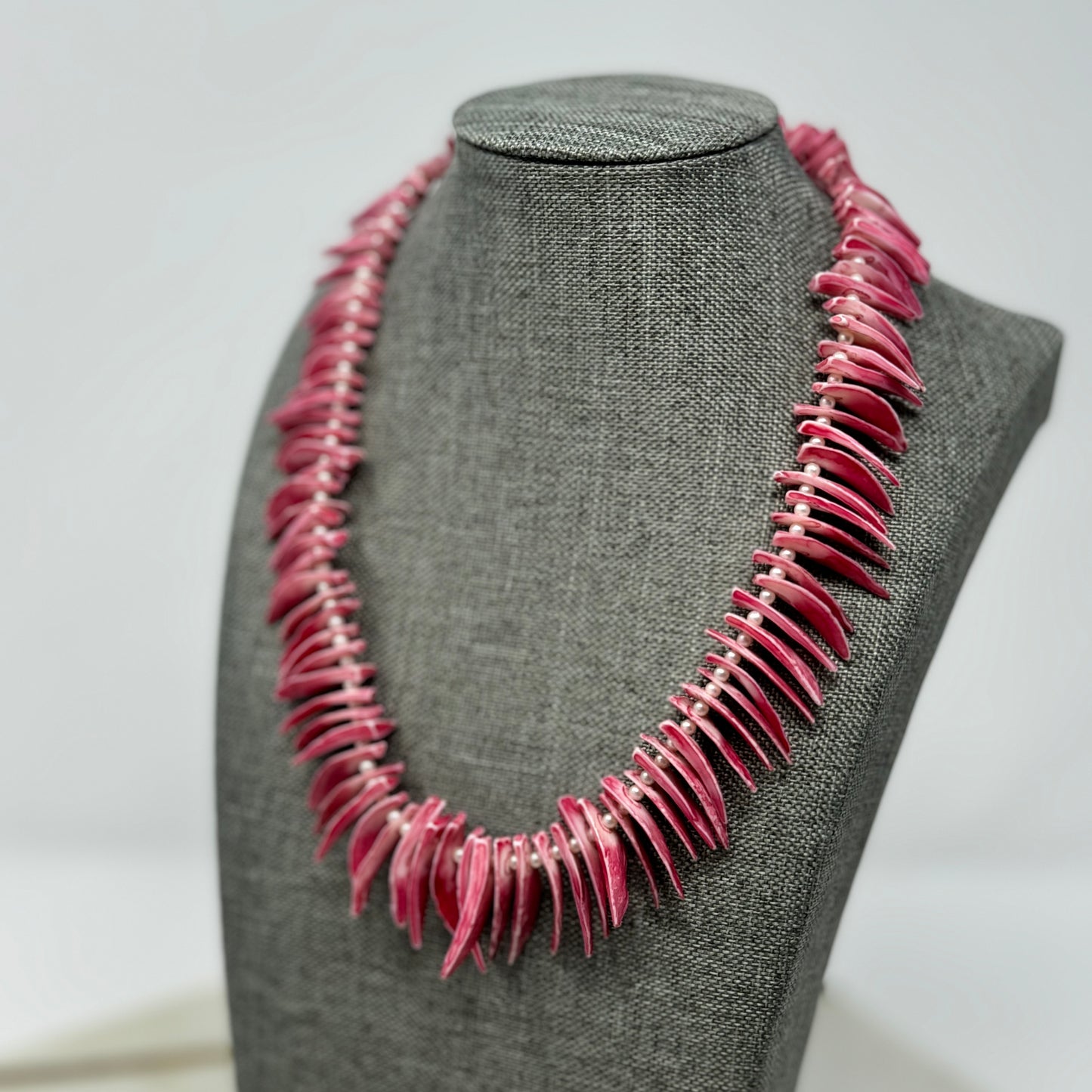 Unique Pink Shell Spike Necklace with Pearl Accents - Handmade Boho Statement Jewelry