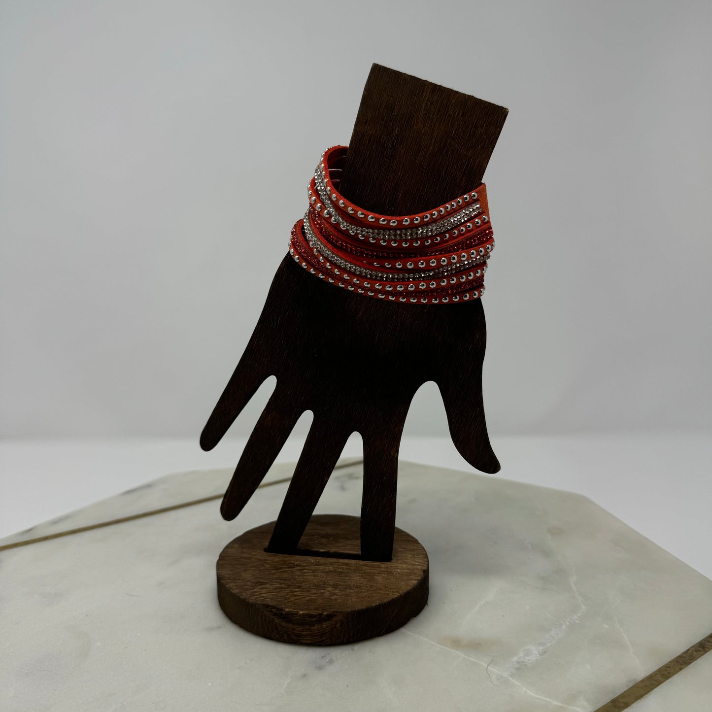 Bracelet Boho Southwest Layer Orange Faux Leather Rhinestone Cuff 9.25 in