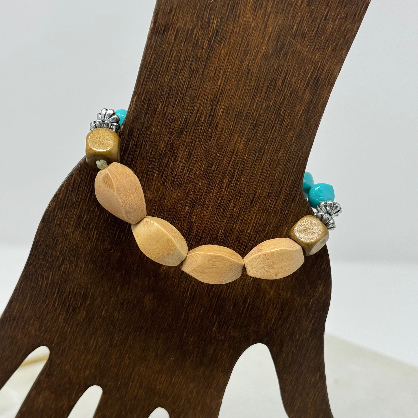 Bracelet Boho Southwest Wood Beaded Stretch Bangle Teal Blue Beige Silver 7 in