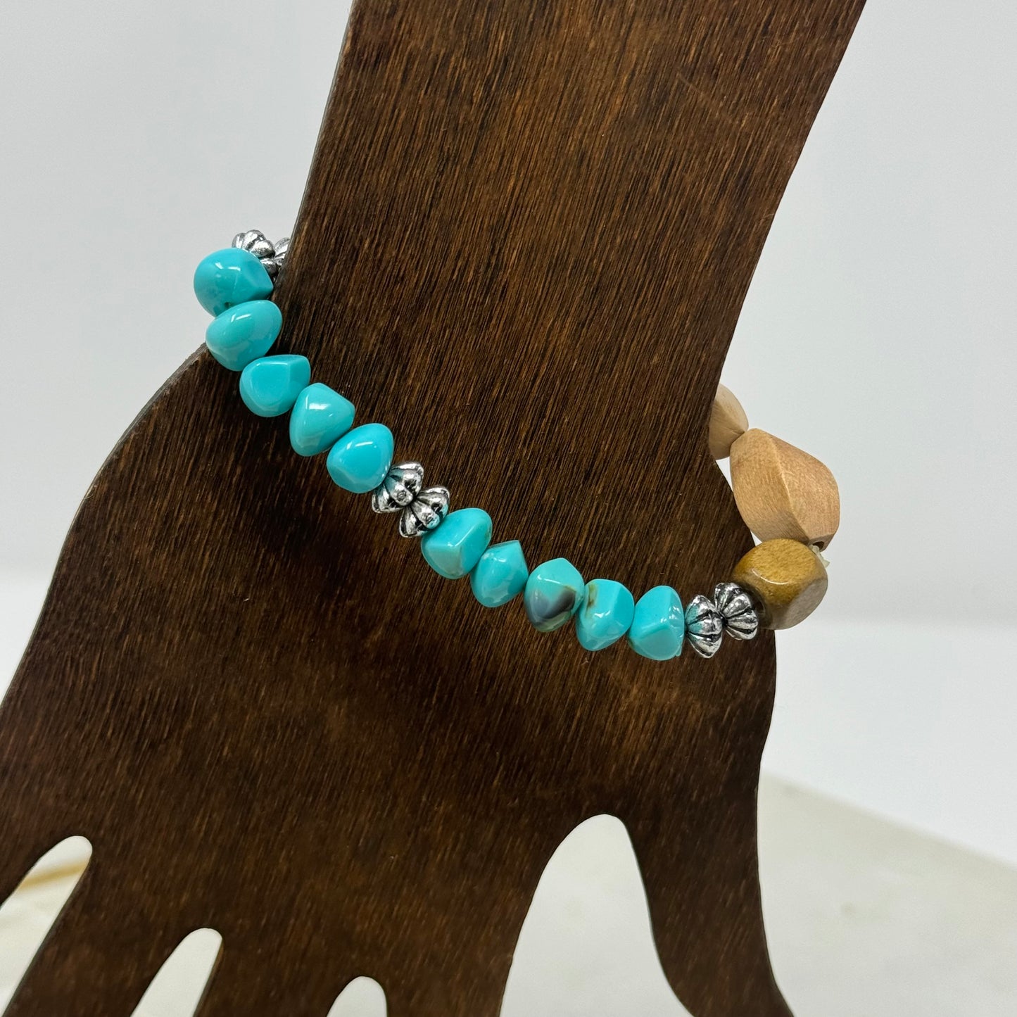 Bracelet Boho Southwest Wood Beaded Stretch Bangle Teal Blue Beige Silver 7 in