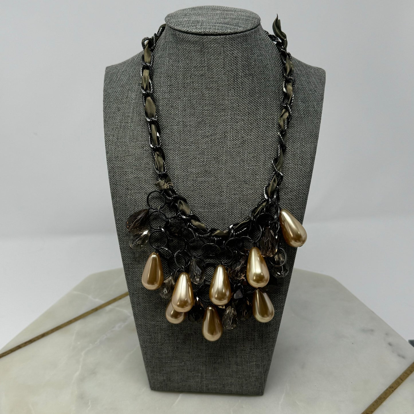 Necklace Boho Layer Statement Beaded Teardrop Faux Pearl Metallic 15”