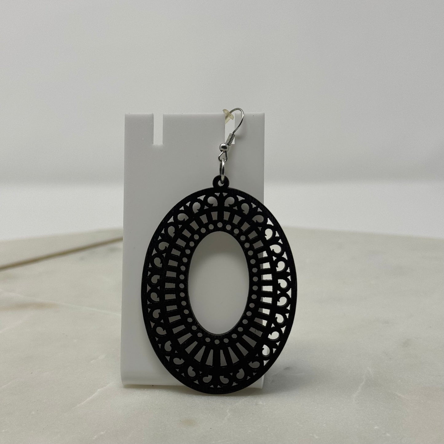 Intricate Round Wood Dangle Hook Earrings