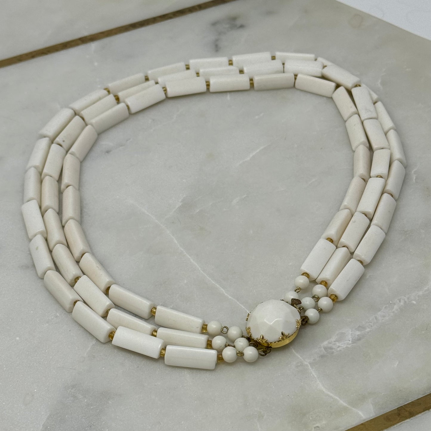 Vintage Necklace Statement Multi Strand Beaded White Box Clasp 15 in Jewelry