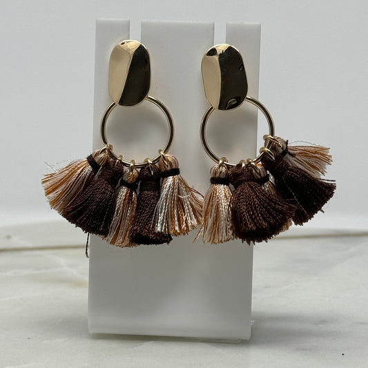 Gold Boho Brown Tribal Fringe Dangle Earrings