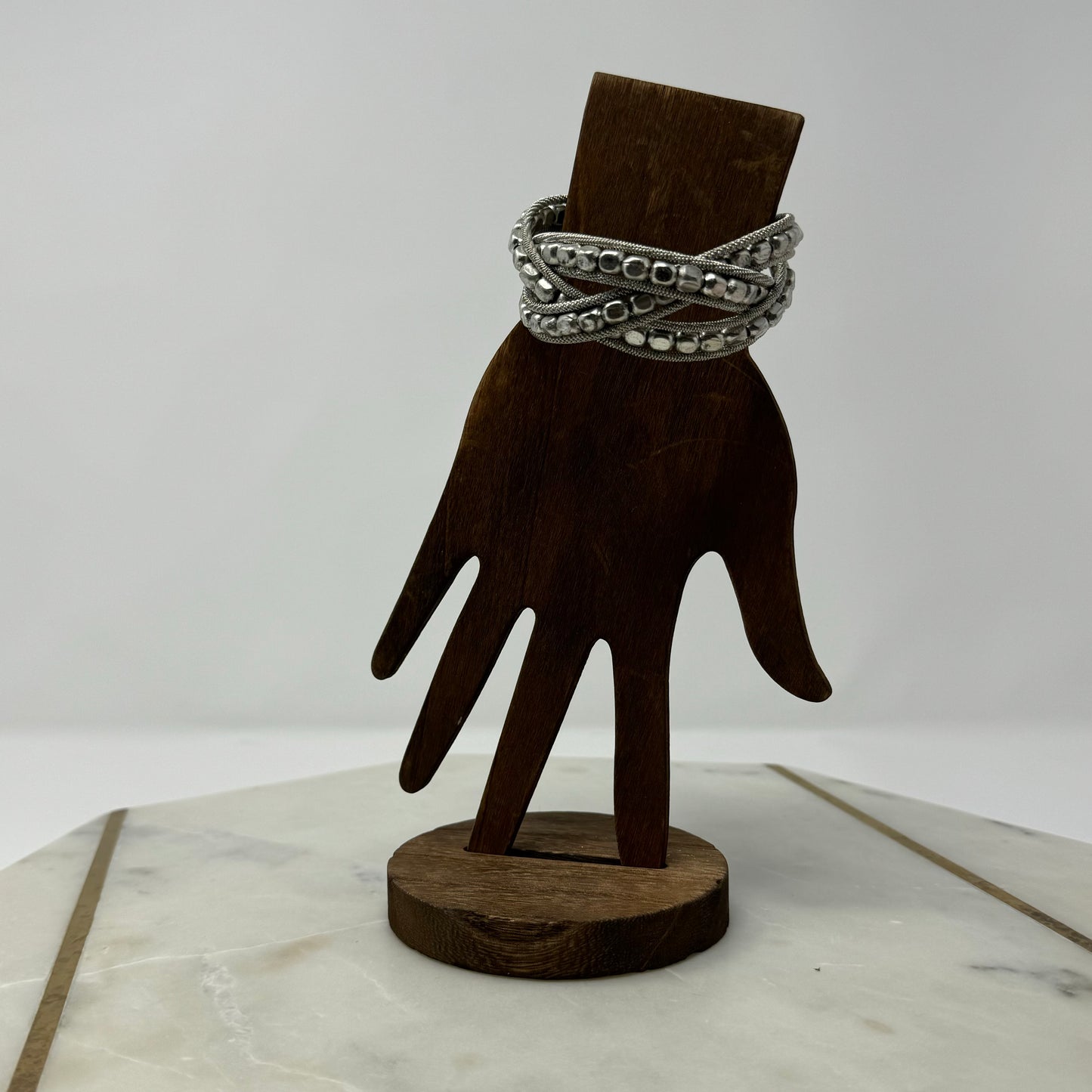 Braided Silver Beaded Cuff Bracelet