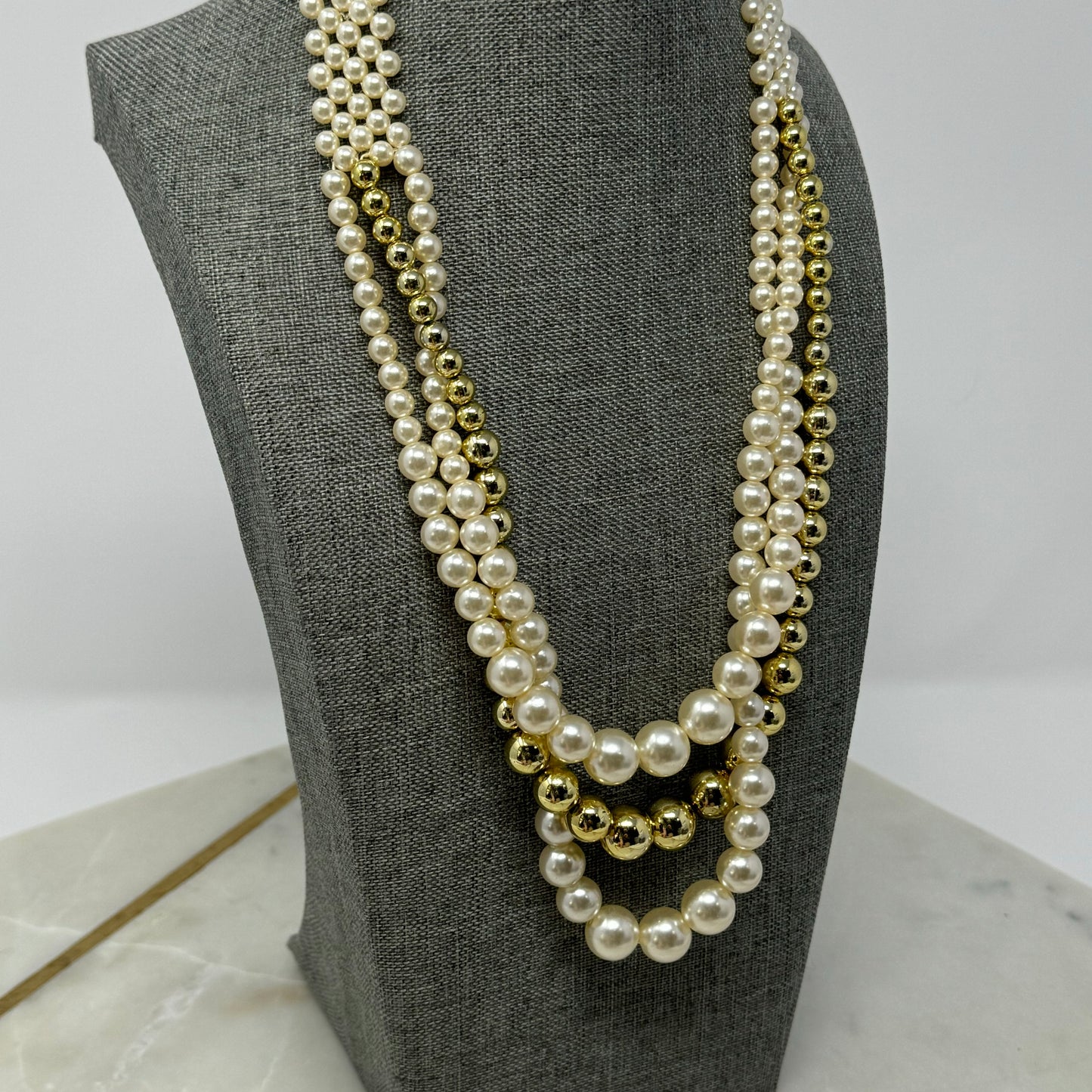 Necklace Statement Layered Beaded Strands Pearl Metallic 18 in Costume Jewelry