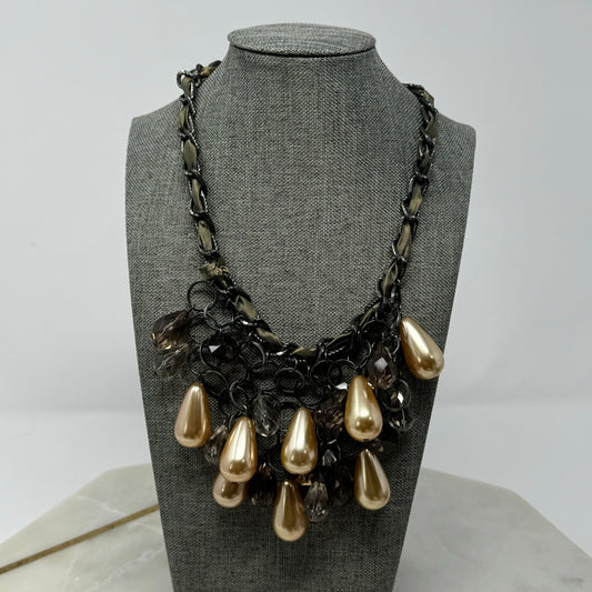 Necklace Boho Layer Statement Beaded Teardrop Faux Pearl Metallic 15”