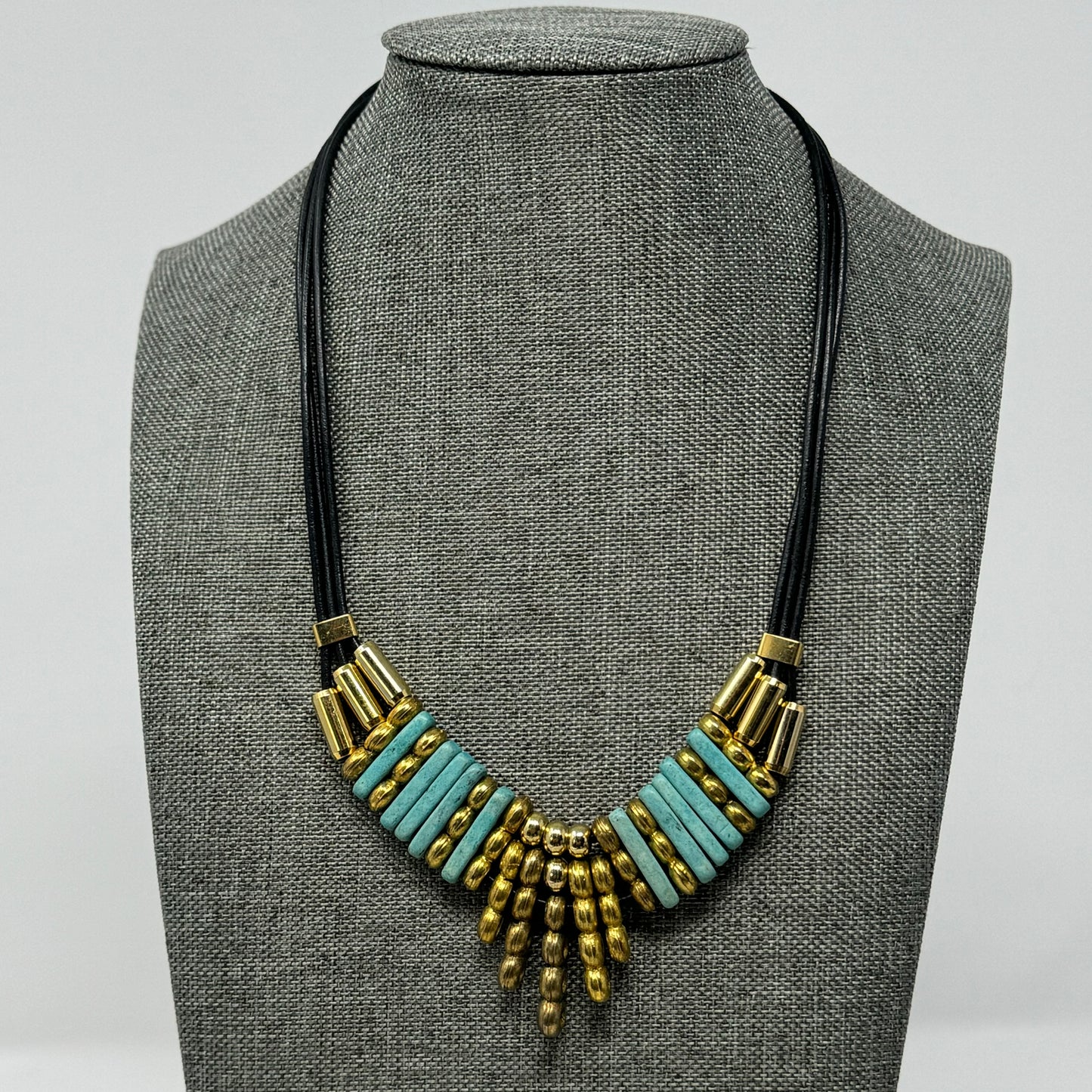 Necklace Boho Southwest Beaded Gold Tone Turquoise 14 in Cord