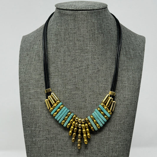 Necklace Boho Southwest Beaded Gold Tone Turquoise 14 in Cord
