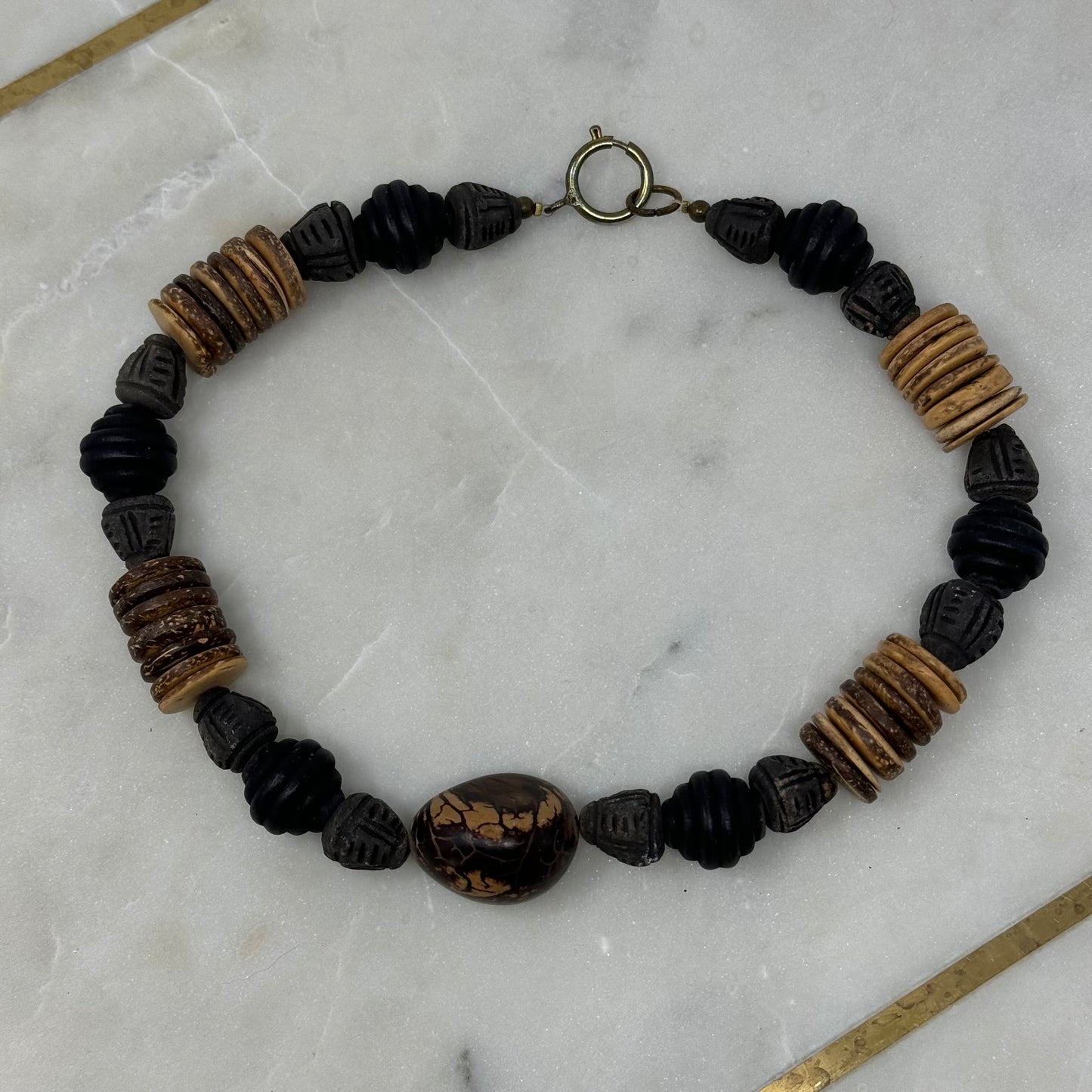 Necklace Boho Southwest Artesian Natural Black & Beige Beaded 18 in