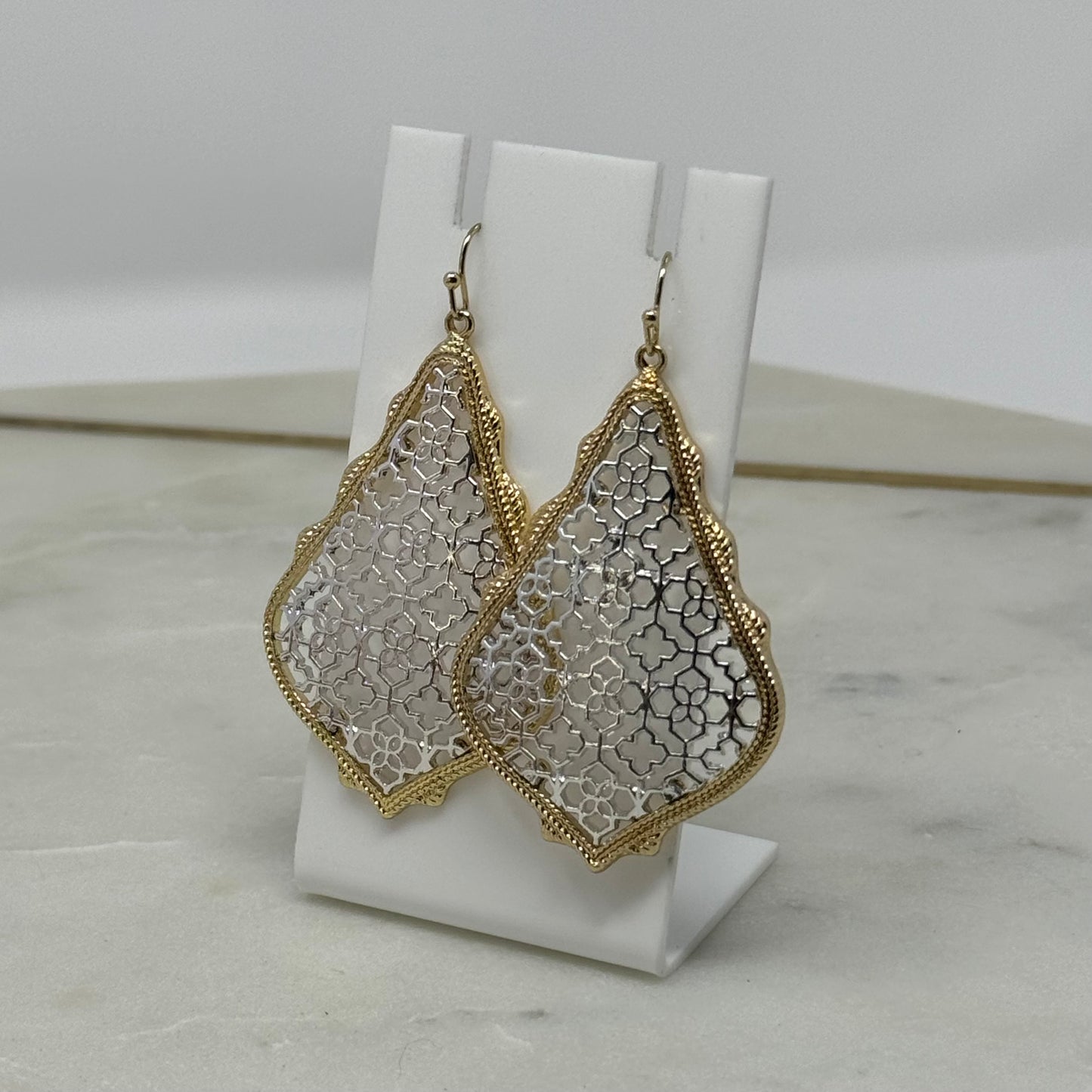 Earrings Boho Southwest Metallic Intricate Hook Dangles Gold & Silver Tone 2.5 in