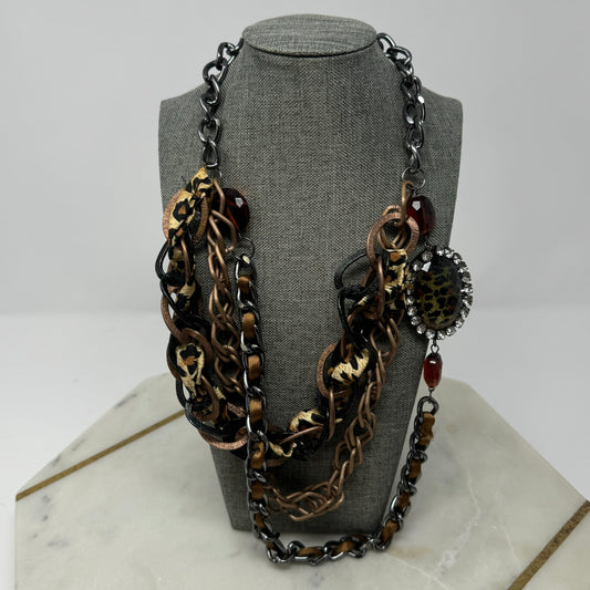 Necklace Statement Layered Chains Chunky Rhinestone Leopard Print Pendant Ribbon 18 in