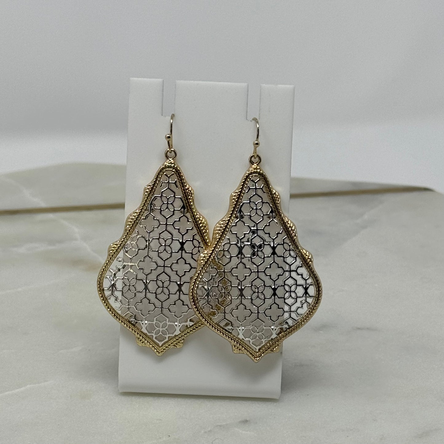 Earrings Boho Southwest Metallic Intricate Hook Dangles Gold & Silver Tone 2.5 in