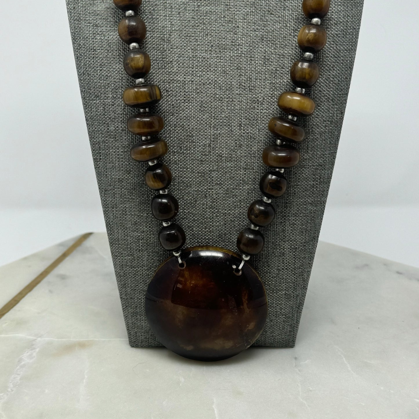 Boho Beaded Statement Necklace with Large Resin Pendant Brown- Handmade Artisan Jewelry