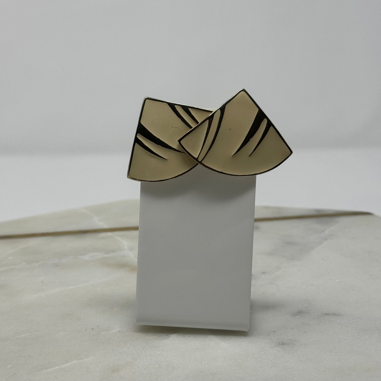 Vintage Triangle Cream Enamel Gold Accent Earrings