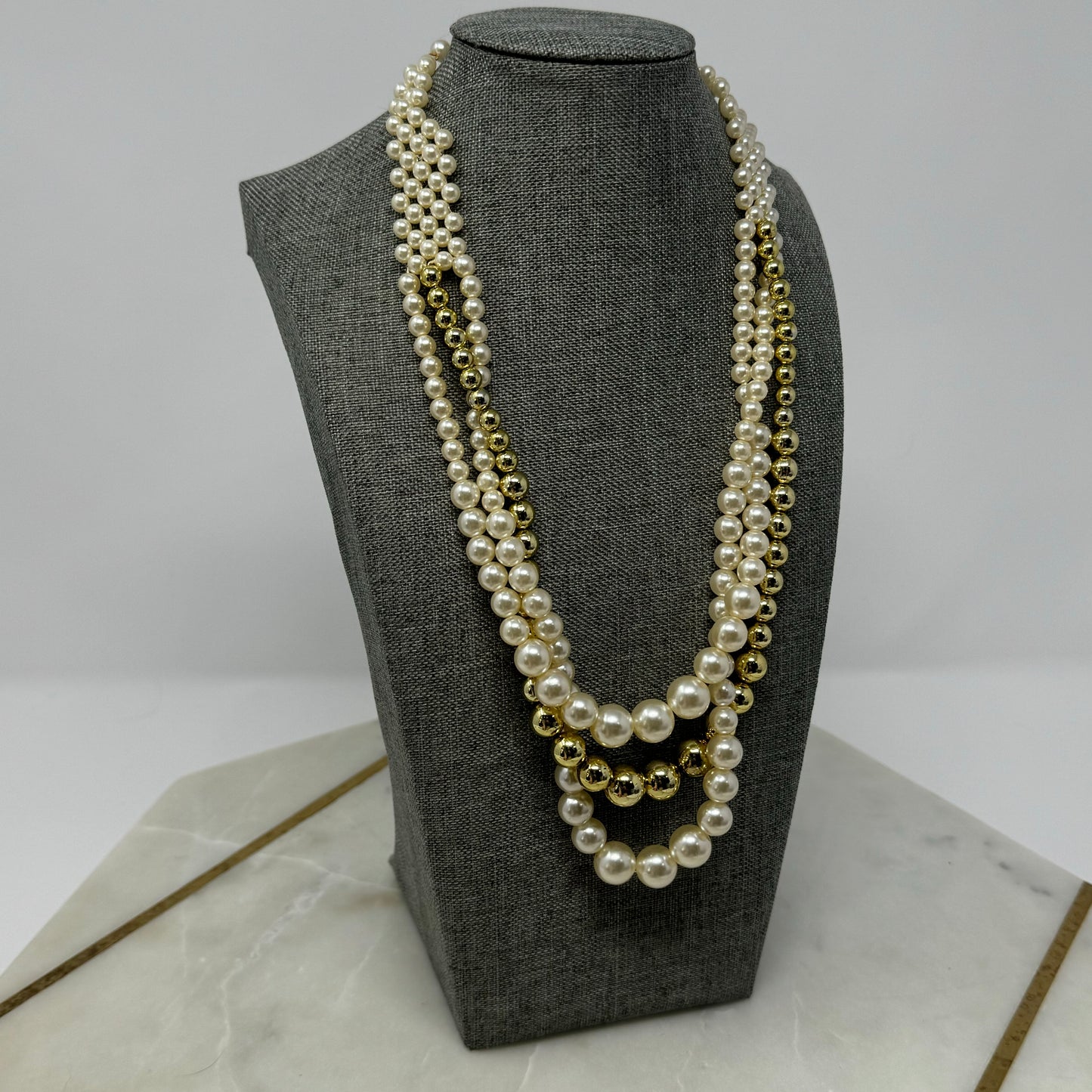 Necklace Statement Layered Beaded Strands Pearl Metallic 18 in Costume Jewelry
