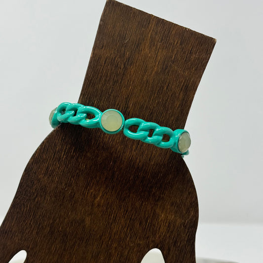 Bracelet Boho Teal Segmented Metalwork Chain Links Cuff Bangle 7.5 in Costume Jewelry