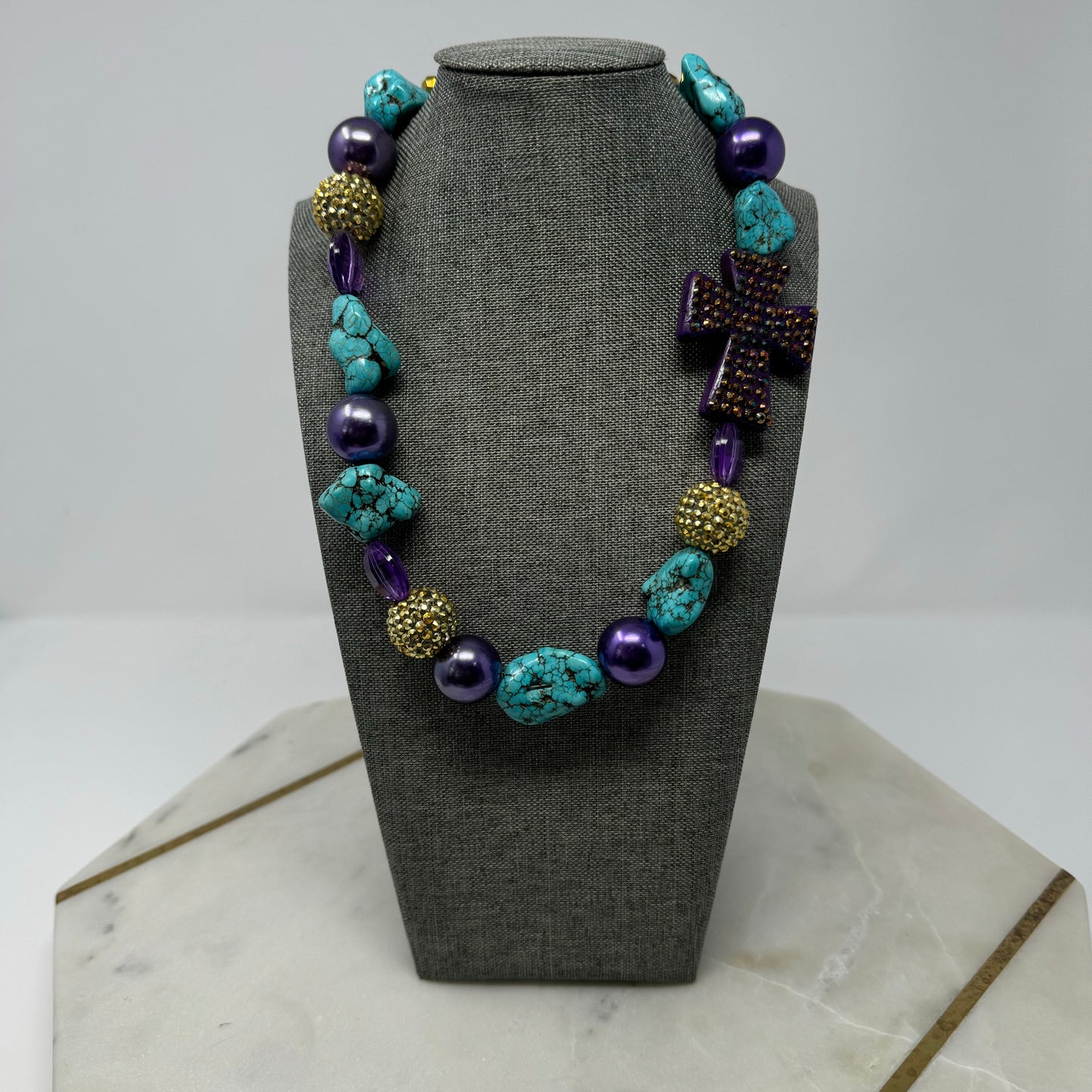 Necklace Boho Southwest Statement Chunky Beaded Pearl Purple Turquoise 20 in