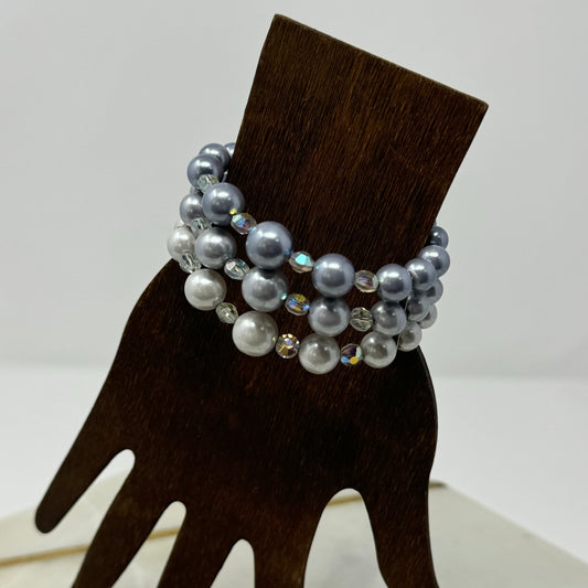 Bracelet Faux Pearl Multi Row Silver Tone Beaded Rhinestone Spacer Wrap Cuff Bangle 6 Inch