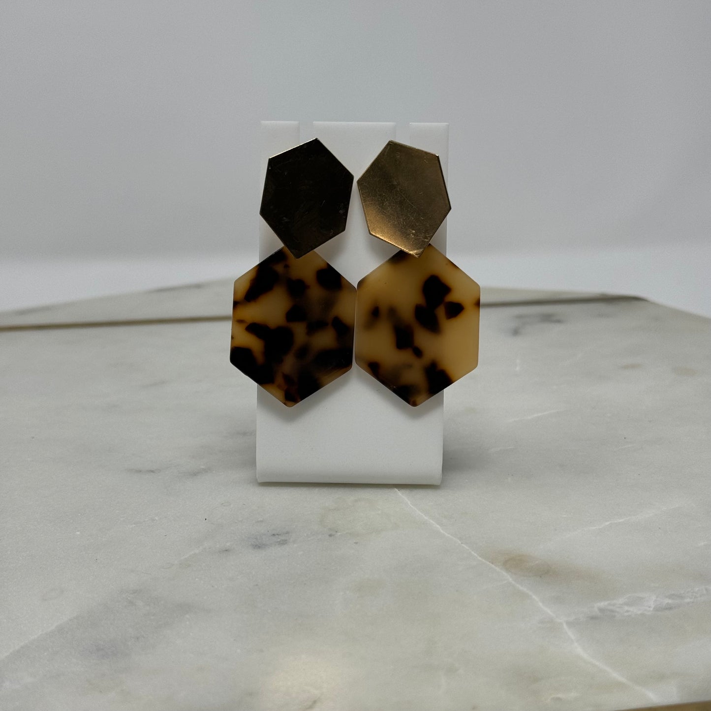Earrings Boho Southwest Dangle Stud Modern Faux Tortoise Shell Hexagon Gold Tone 2.5 in