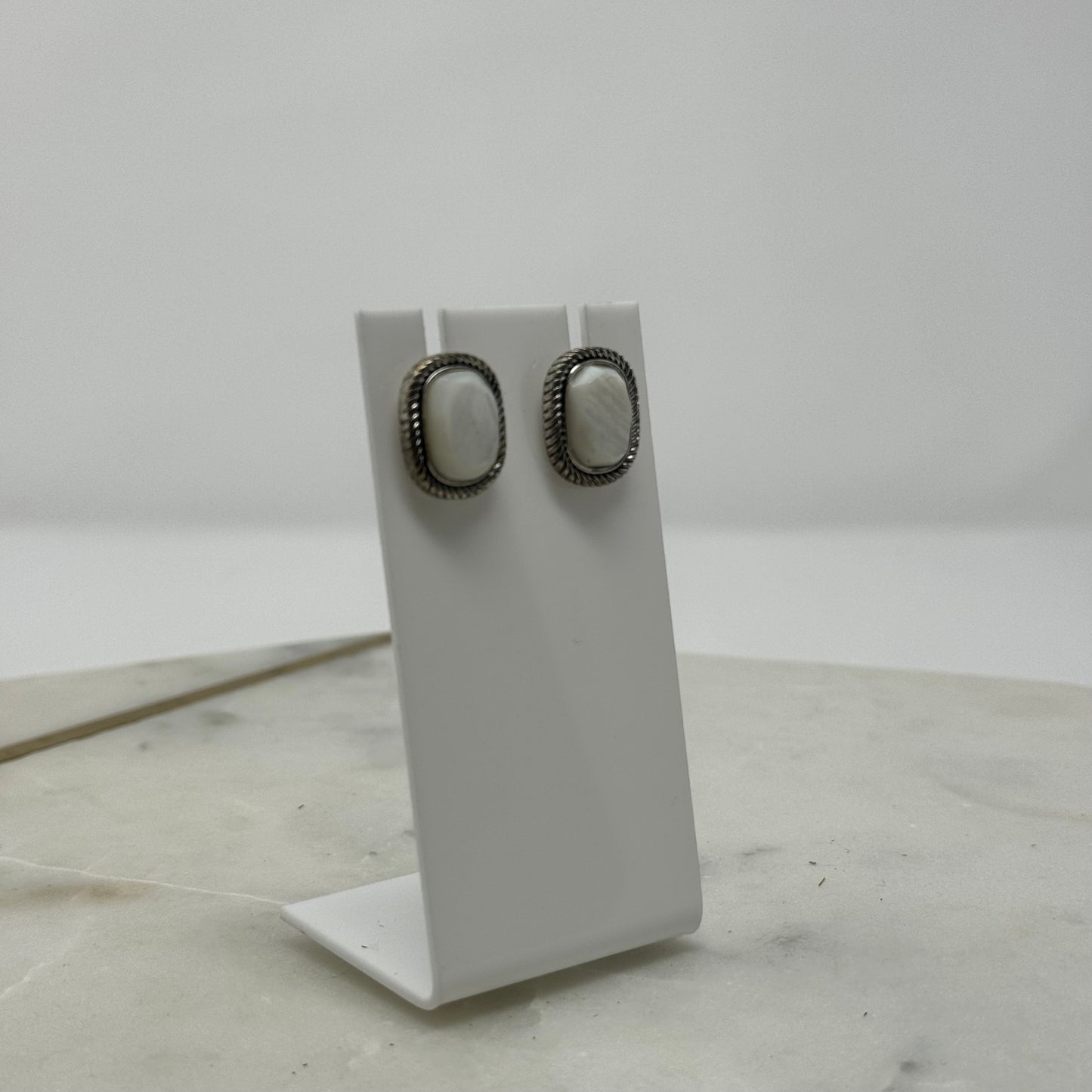 Boho White Shimmer Stone Tribal Silver Post Earrings