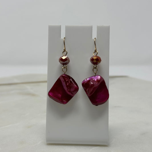Pink Beaded Shell Hook Earrings