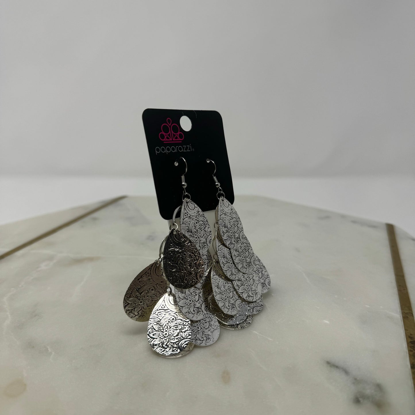 New Paparazzi Silver Teardrop with Floral Accents Chandelier Dangle Hook Earrings
