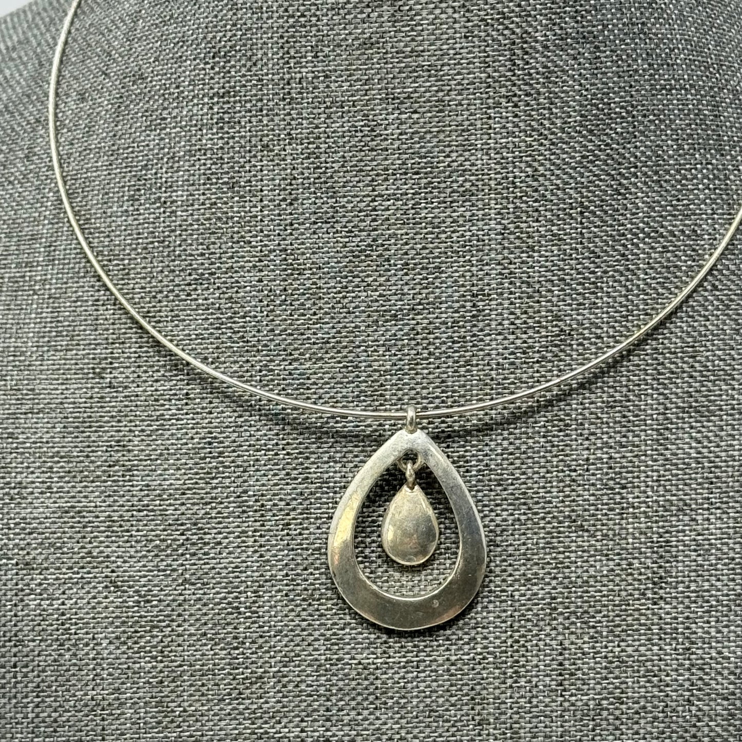 Necklace Collar Statement Silver Tone Teardrop Ring Pendant Cable Chain 16”