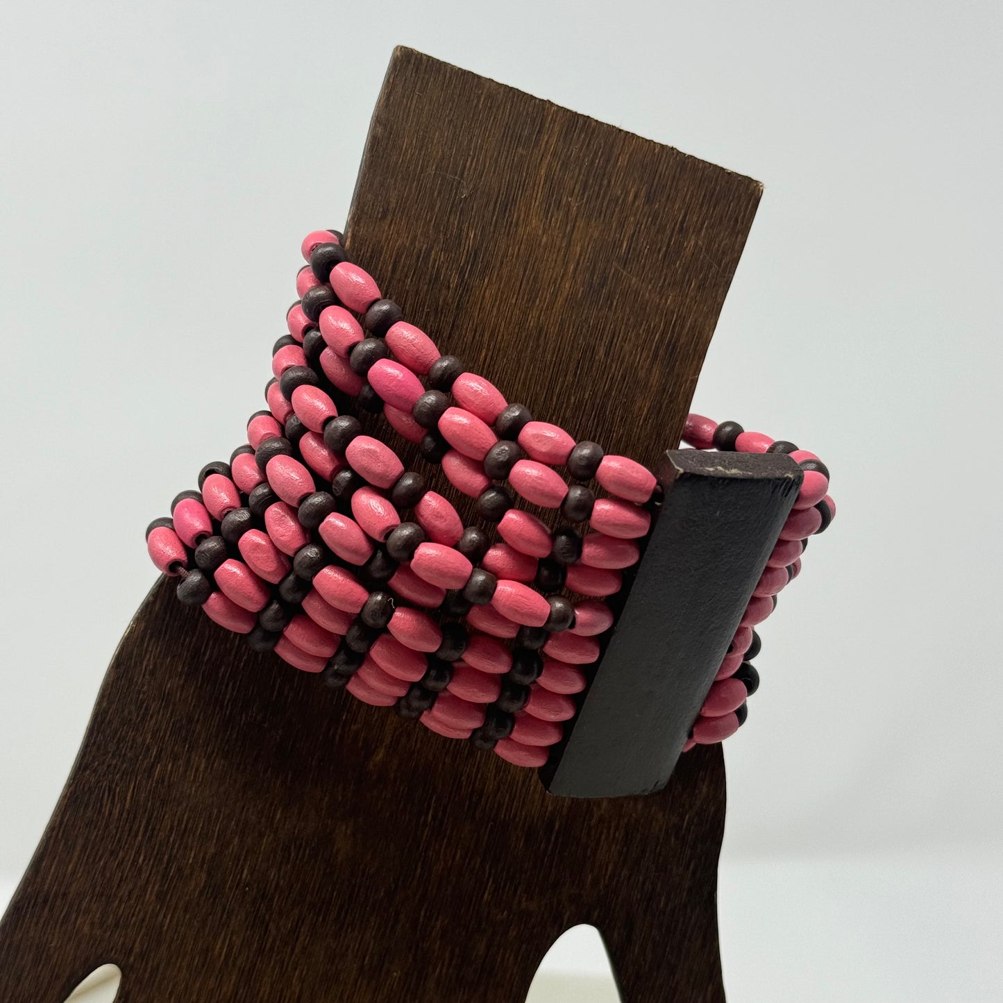 Bracelet Boho Multi-Layer Pink Tall Cuff Bangle Wood Beads 7.75 in Costume Jewelry