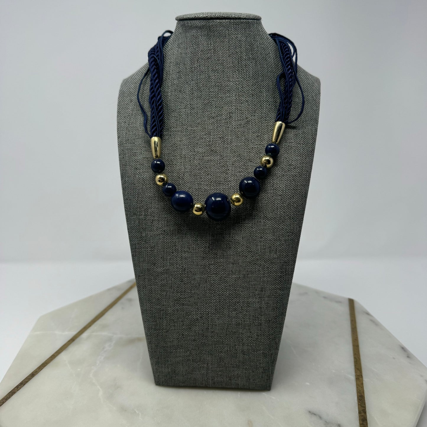 Elegant Blue & Gold Beaded Necklace with Multi-Strand Rope - Modern Statement Jewelry